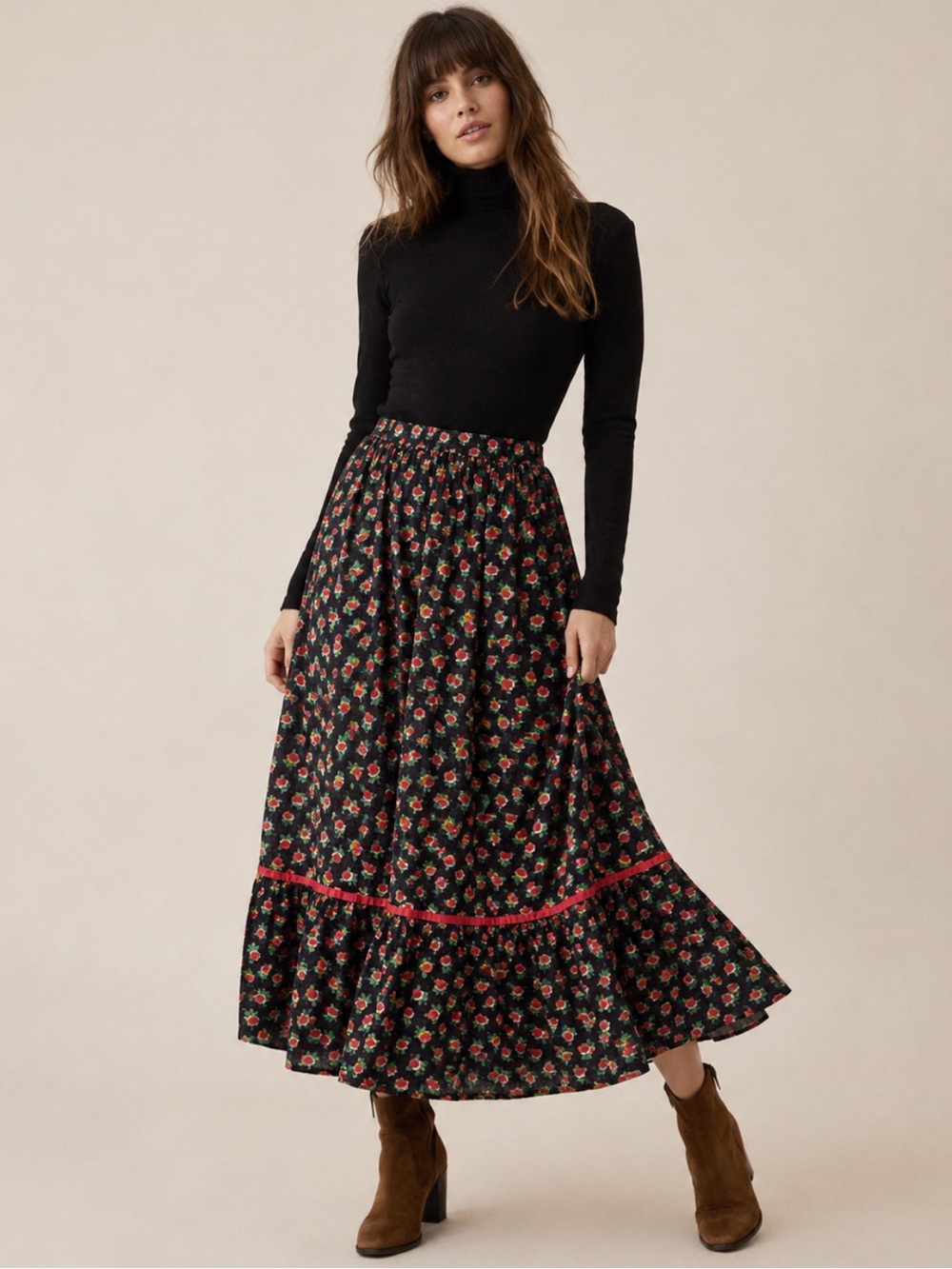 Handmade Vintage-Inspired Black Floral Prairie Maxi Skirt S/M Red Ribbon Trim